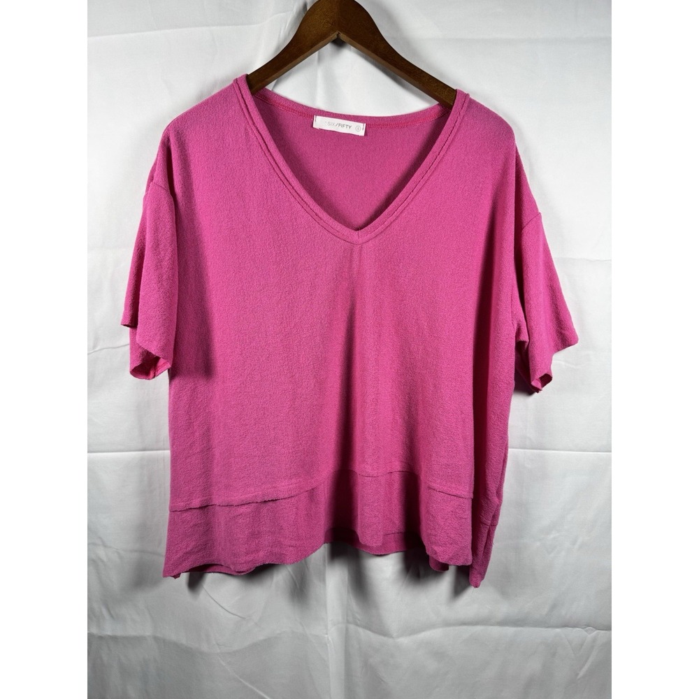 Six Fifty Pink V-Neck Short Sleeve Slub Knit Tiered Hem Top